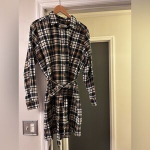 LOFT Black Tan Plaid Tie-Waist Shirt Dress | Size L | Soft Brushed Fabric